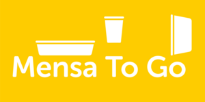 Symbolgrafik: Weisse Schrift Mensa To Go, darueber drei weisse Behaelter-Symbole 