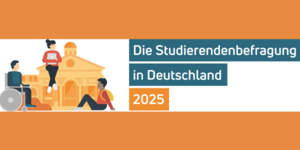Logo Studierendenbefragung vor orangefarbenem Hintergrund