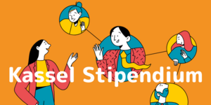 Symbolgrafik: Schriftzug Kassel Stipendium vor orangefarbigem Hintergrund mit stilisierten Personen
