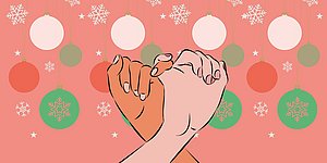 Symbolgrafik: Zwei Haende greifen ineinander vor blassrotem Hintergrund mit Muster aus stilisierten Christbaumkugeln und Eiskristallen