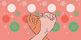 Symbolgrafik: Zwei Haende greifen ineinander vor blassrotem Hintergrund mit Muster aus stilisierten Christbaumkugeln und Eiskristallen