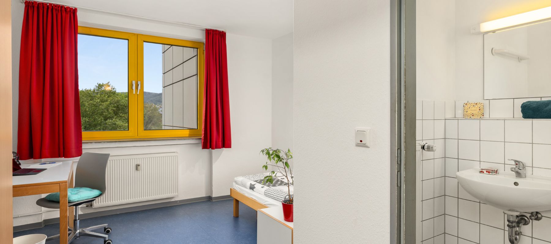 Einzelapartment im Wohnheim. Zu sehen sind Badezimmer, Schreibtisch und der Blick aus dem Fenster auf Bäume.