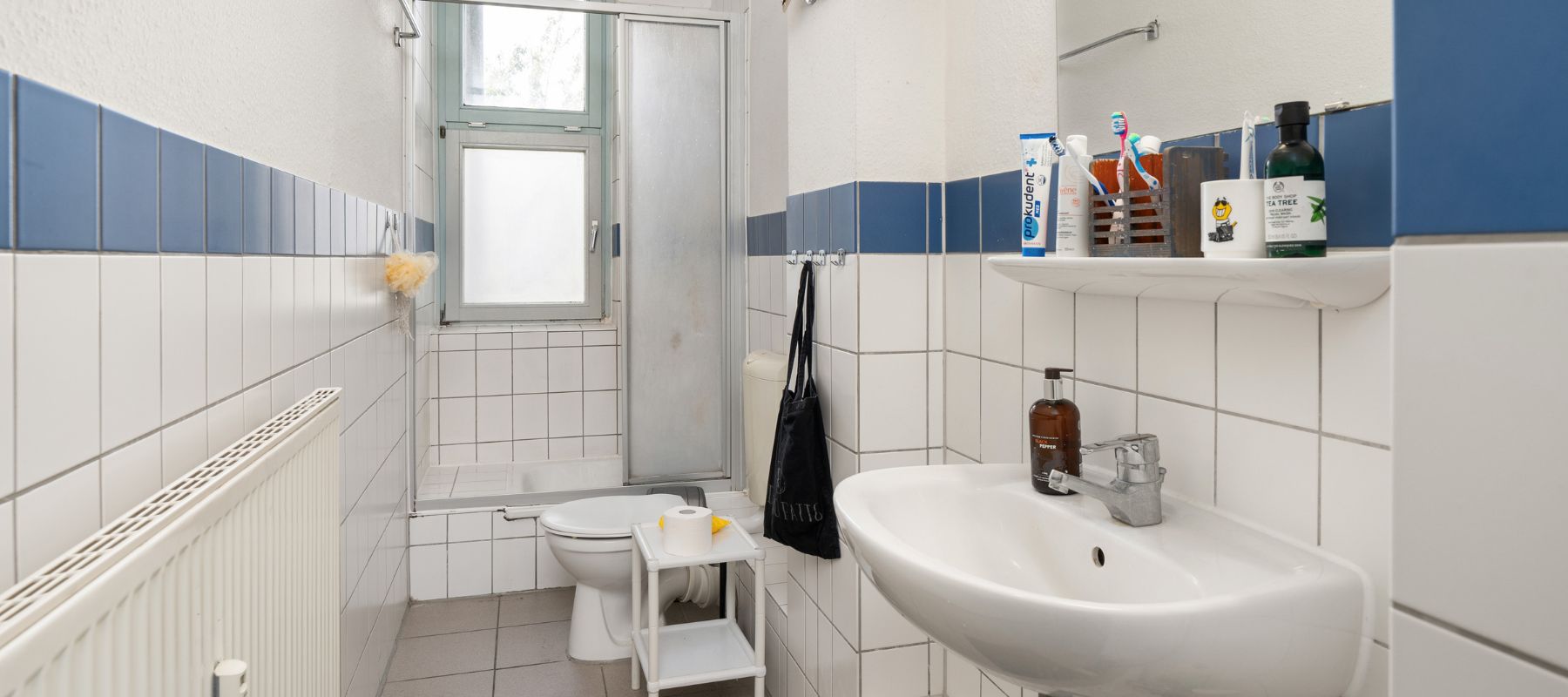 Badezimmer einer WG. Zu sehen sind Waschbecken, Toilette und Dusche.